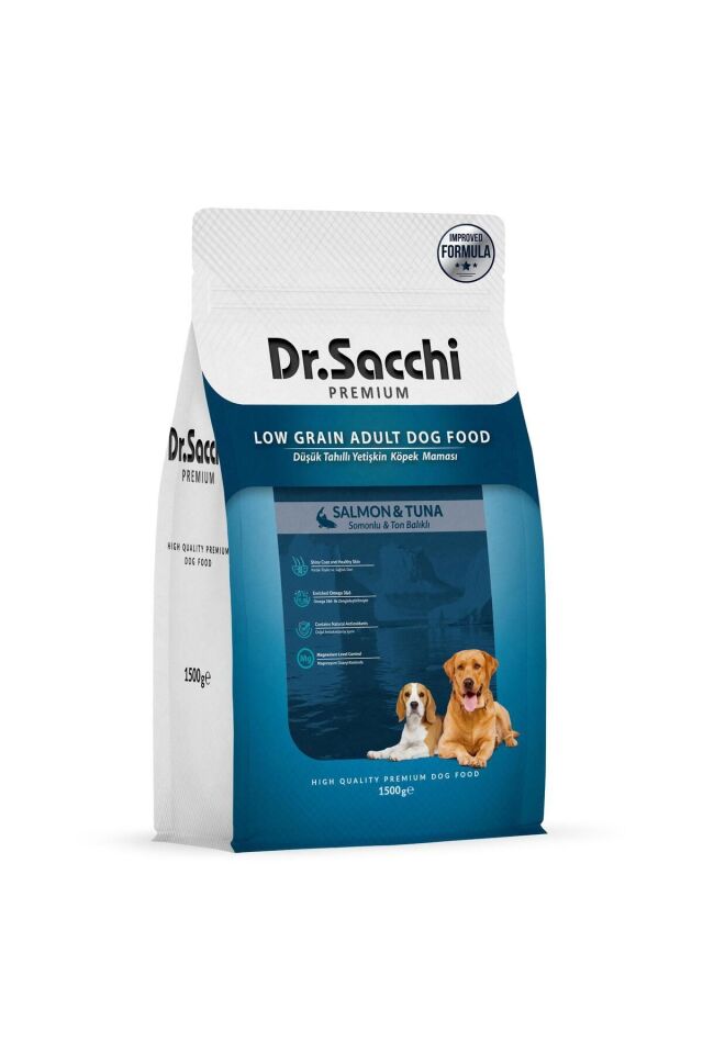 Premium Düşük Tahıllı Somonlu ve Ton Balıklı Yetişkin Köpek Maması 1,5 Kg
