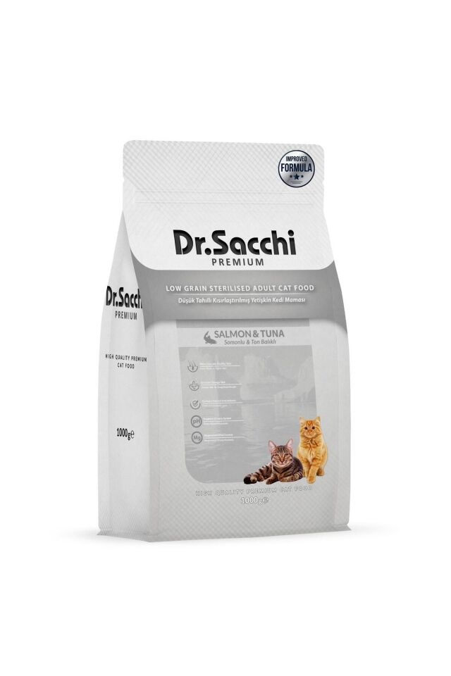 Dr.Sacchi Premium Düşük Tahıllı Somonlu ve Ton Balıklı Kısırlaştırılmış Kedi Maması 1 Kg