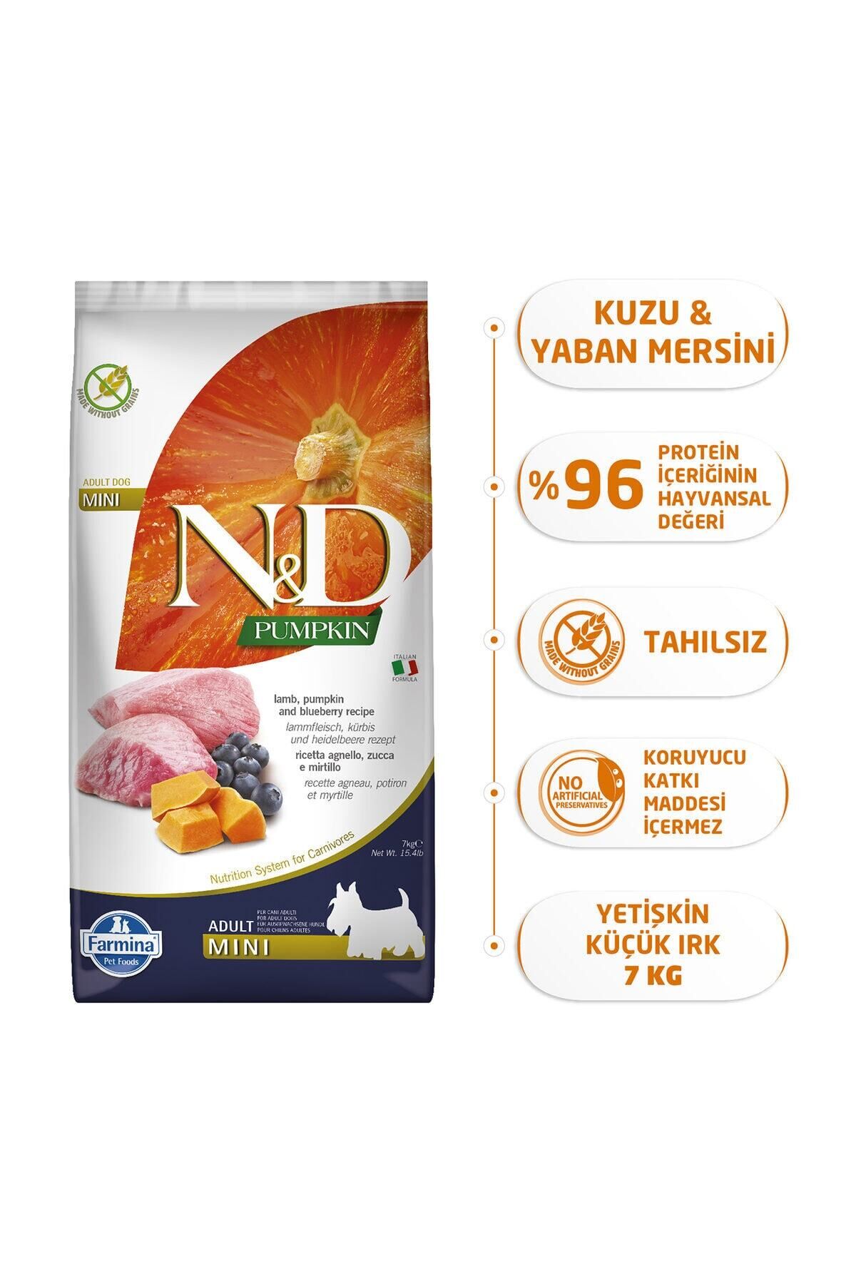 N&D Pumpkin Tahılsız Balkabaklı Kuzulu Küçük Irk Yetişkin Köpek Maması 7 Kg