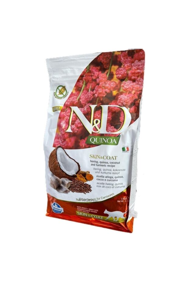 N&d Ringa Balığı, Kinoa, Hindistan Cevizi Ve Zerdeçal. Yetişkin Kediler Için Tam Kedi Maması.