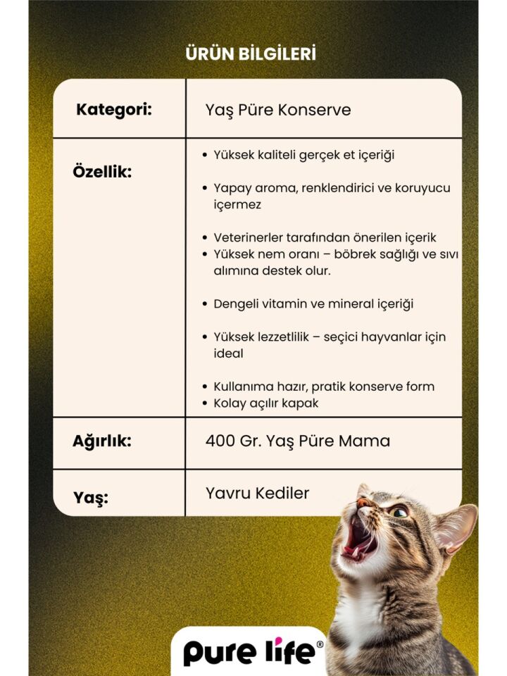 PureLife Pure Lıfe Yavru Kedi Kuzu Etli Yaş Püre Mama 400 gr x12 adet