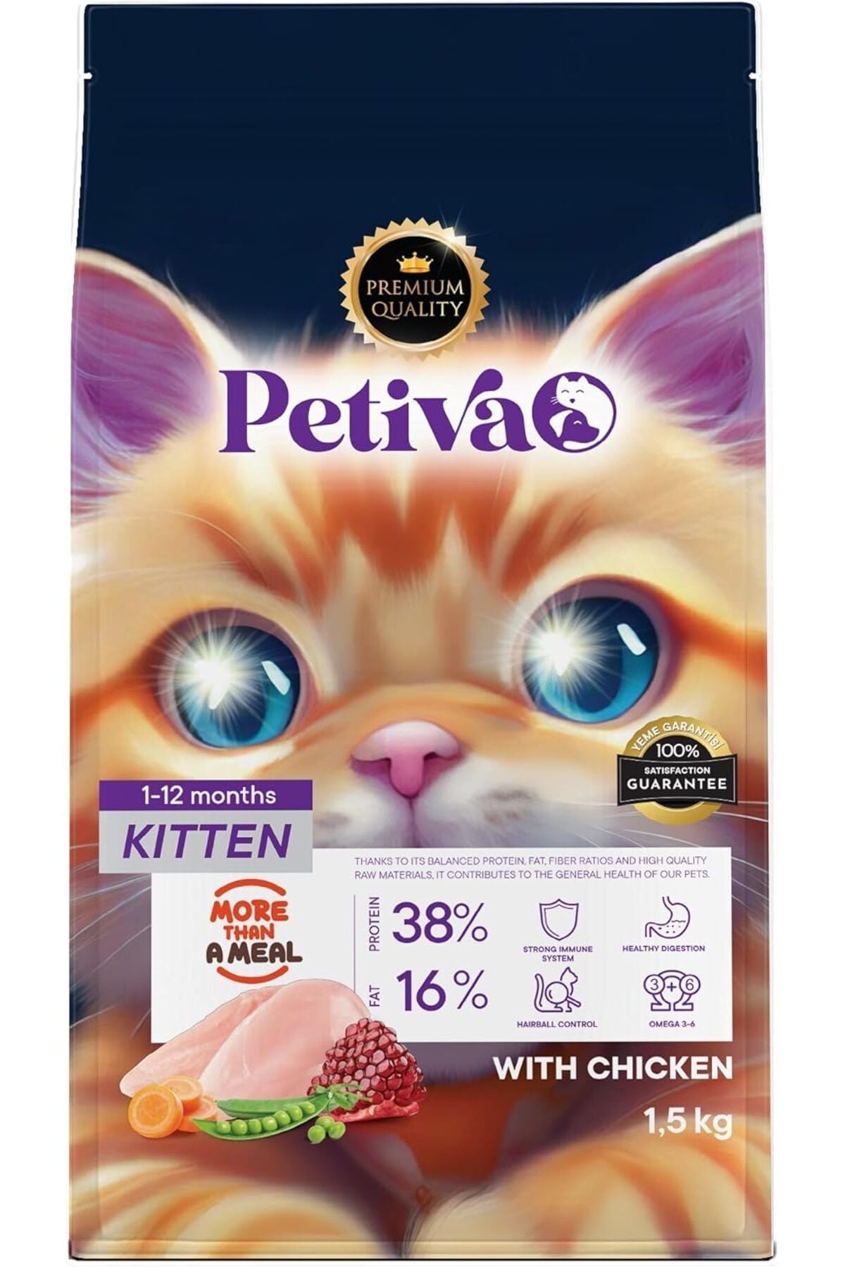 Petiva Yavru Kediler İçin Tavuk Etli Kuru Kedi Maması (1.5 Kg, Tavuk)