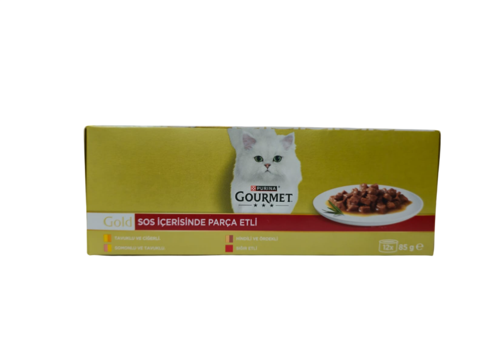 GOURME GOLD SOS İÇERİSİNDE PARÇA ETLİ 9+3 (TAVUK-CİĞER+HİNDİLİ-ÖRDEK+SOMON-TAVUK+SIĞRETLİ) 12 ADET