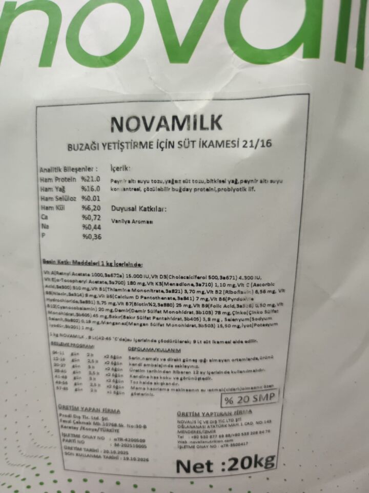NOVAMİLK BUZAĞI - KUZU YETİŞTİRME İÇİN SÜT İKAMESİ 20KG 21PROTEİN/16YAĞ