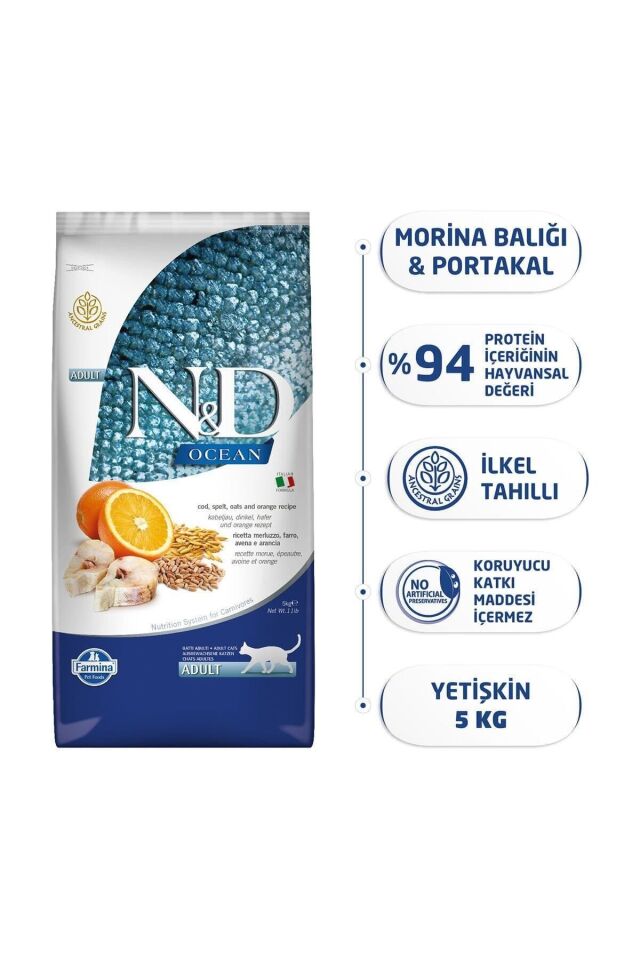 N&D Ocean Düşük Tahıllı Morina Balıklı ve Portakallı Yetişkin - 5 kg
