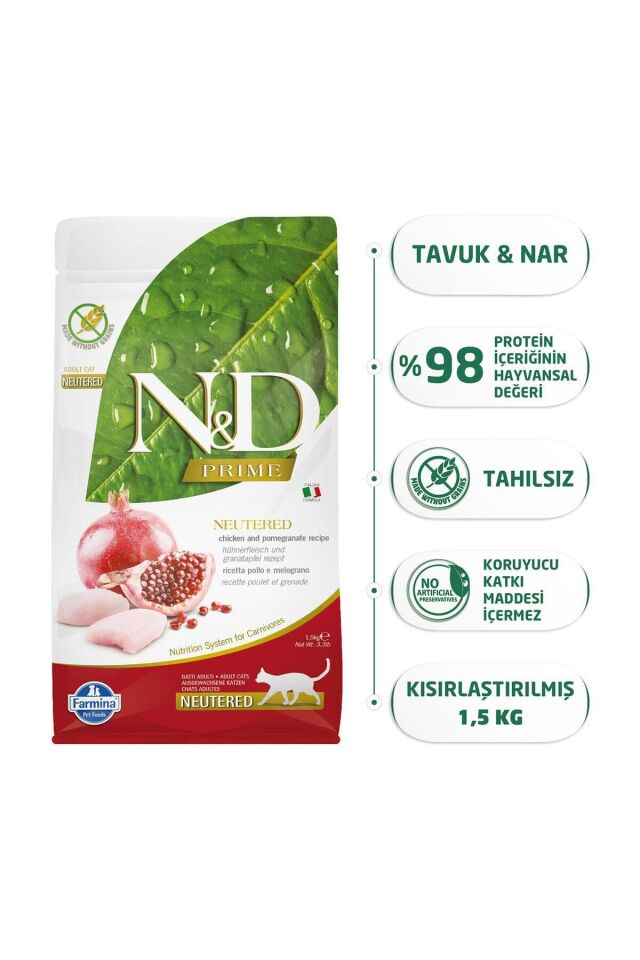 N&D Prime Tahılsız Tavuk & Nar Kısırlaştırılmış Yetişkin Kedi Maması, 1.5 Kg