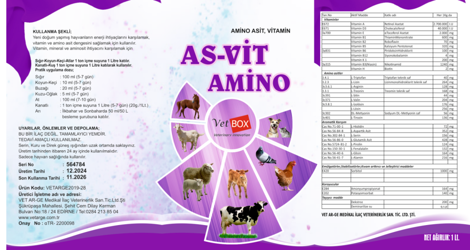 Asvit Amino 1lt Zengin İçerikli Hayvan Destek Minerali (Amino asit,Vitamin)-(Ufakbaş-Büyükbaş-kuş grubu)