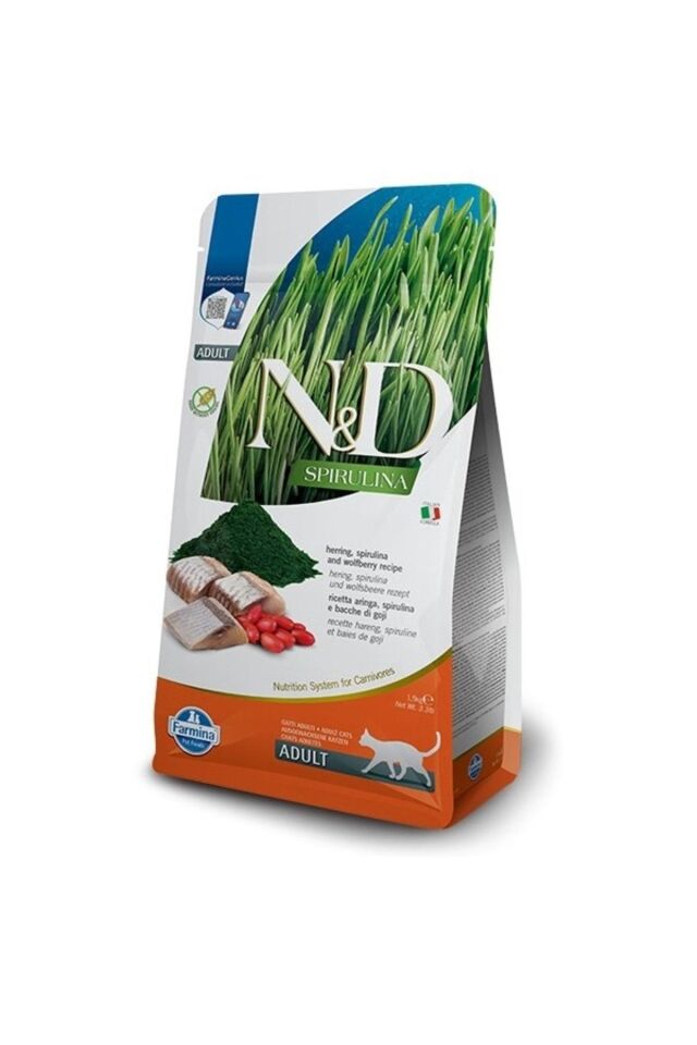 N&D Spirulina Takviyeli Ringa Balıklı & Kurt Üzümlü Tahılsız Yetişkin Kedi Maması - 1,5 KG