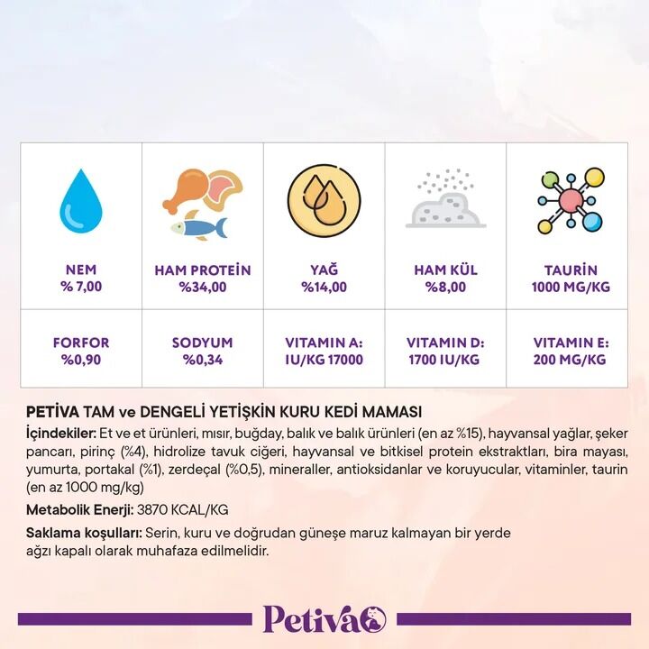 Petiva Yetişkin Balık Etli Kedi Maması 3 Kg